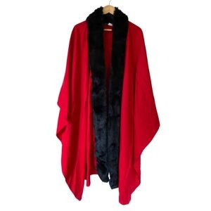 SUSAN LUCCI Red Cape with Black Wool Blend Faux Fur Trim OSh